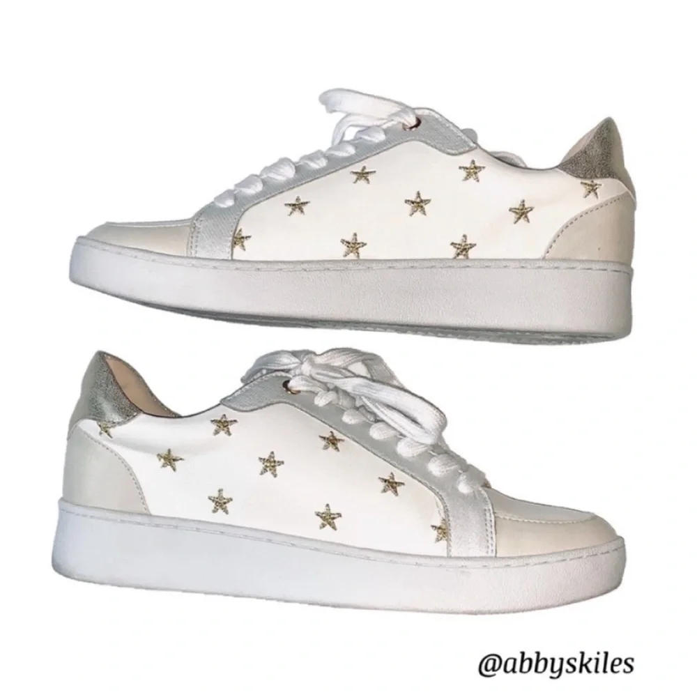 Altar’d State Sneakers White Vegan Leather Embroidered Metallic Gold Stars 7.5
